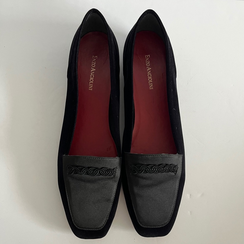 Enzo Angiolini Women's Black Velvet Square Toe Loafers Satin Trim Flats Size 11M